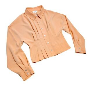 Entro Blouse Pleated Peplum Top Button Down Orange Balloon Sleeve Crop‎ Cinch M